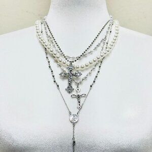 4 pcs set Silver and white layered necklace with crosses and pearls
